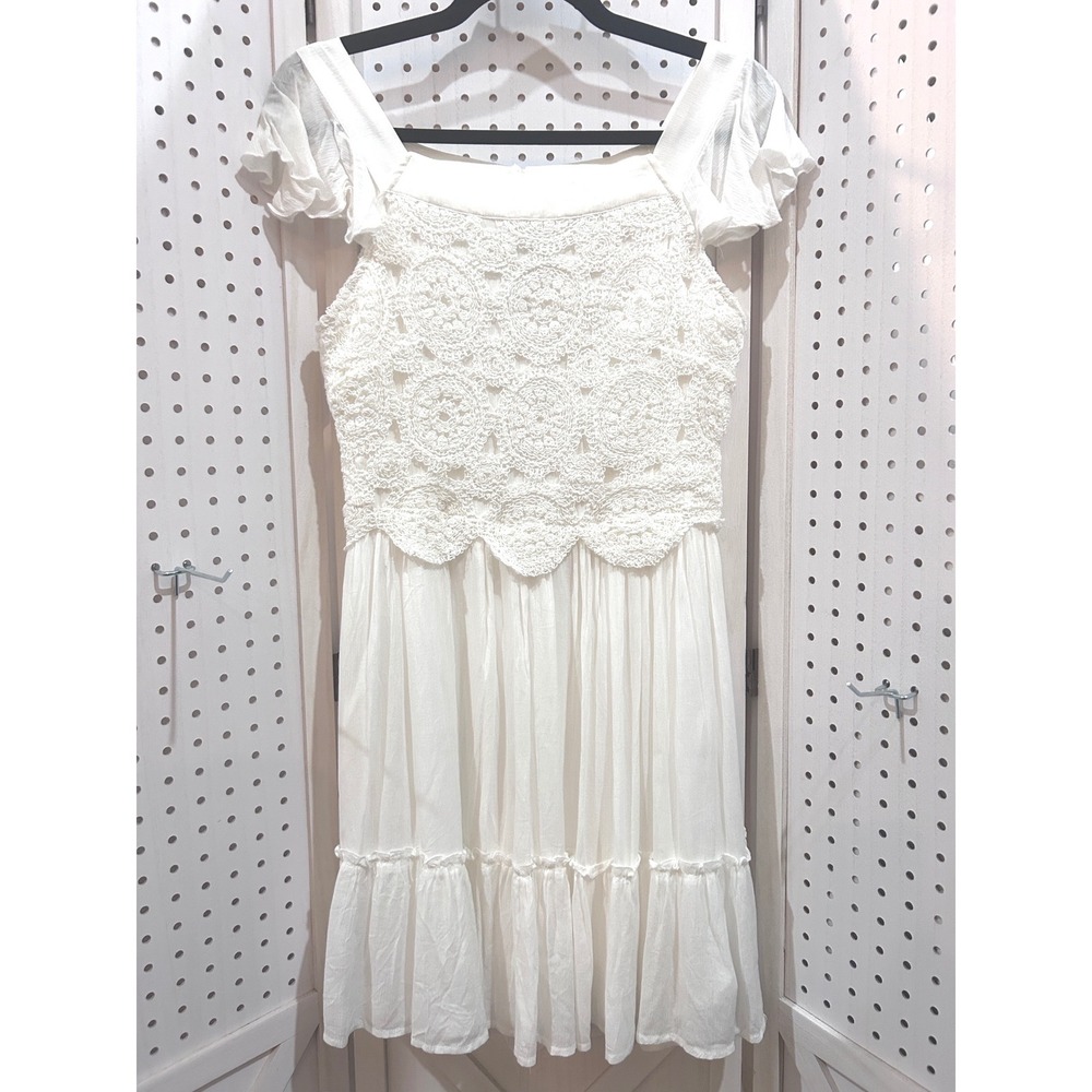 White Birch Crochet Lace Boho Mini Dress Flutter Sleeve Square Neck
